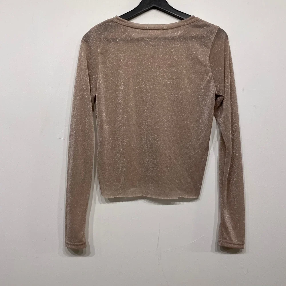 Free People Intimately Metallic Shimmer Long Sleeve Top Champagne Rose Gold M